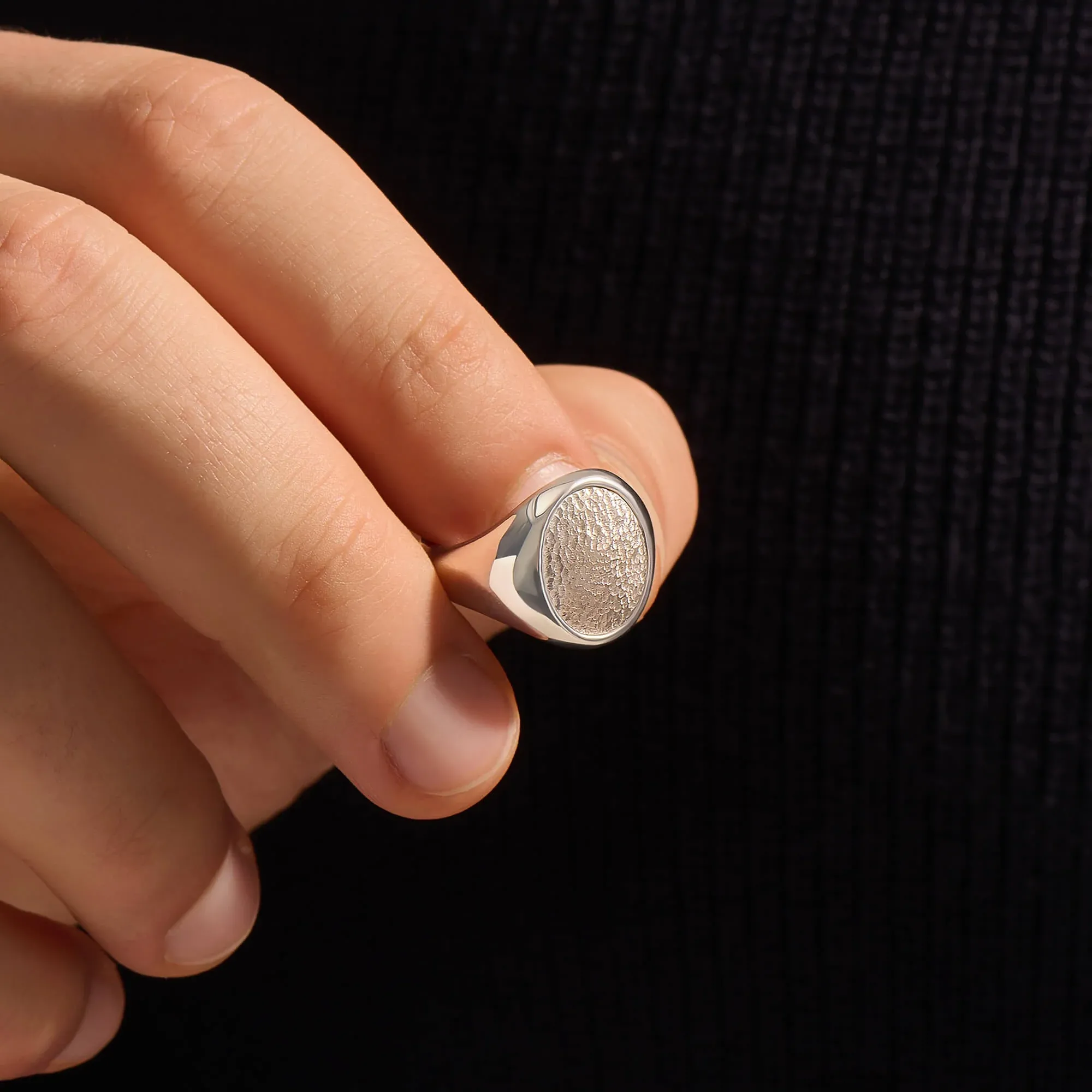 Hammered Oval Signet Ring in Silver - Image 2